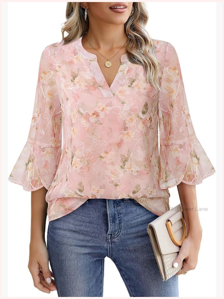 3/4 Sleeve Chiffon Blouse Floral Embroidery V-Neck Tunic Tops Dressy Casual Work